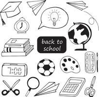 back to school hand drawn in doodle style. vector, scandinavian, monochrome. set of elements for design copybook, sticker, poster, icon, flyer, banner. books, graduate hat, magnifying glass vector