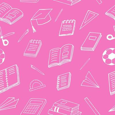 back to school seamless pattern. hand drawn doodle. , scandinavian, nordic, minimalism, monochrome. stationery, book, notepad, notebook, ball, paper airplane ruler scissors graduate cap education