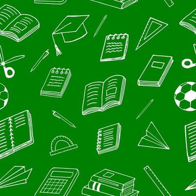 back to school seamless pattern. hand drawn doodle. , scandinavian, nordic, minimalism, monochrome. stationery, book, notepad, notebook, ball, paper airplane ruler scissors graduate cap education
