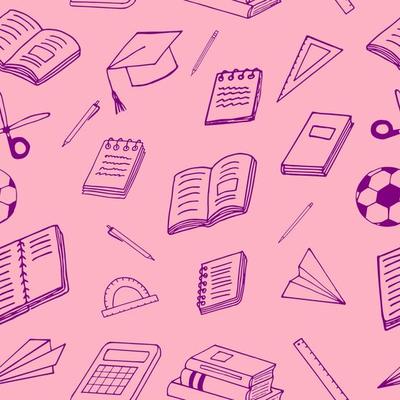 back to school seamless pattern. hand drawn doodle. , scandinavian, nordic, minimalism, monochrome. stationery, book, notepad, notebook, ball, paper airplane ruler scissors graduate cap education