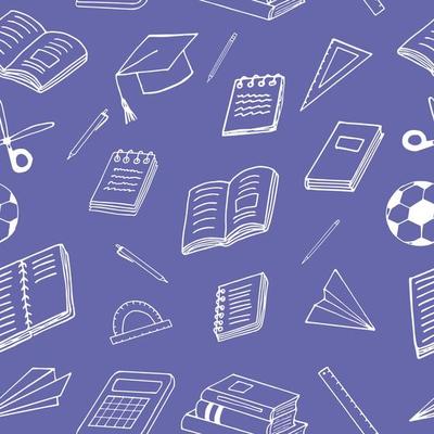 back to school seamless pattern. hand drawn doodle. , scandinavian, nordic, minimalism, monochrome. stationery, book, notepad, notebook, ball, paper airplane ruler scissors graduate cap education