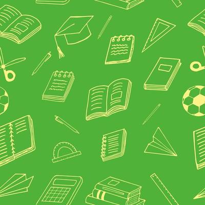 back to school seamless pattern. hand drawn doodle. , scandinavian, nordic, minimalism, monochrome. stationery, book, notepad, notebook, ball, paper airplane ruler scissors graduate cap education