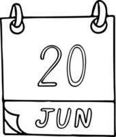 calendario dibujado a mano en estilo garabato. 20 de junio. día mundial de los refugiados, internacional de acción por los elefantes en los zoológicos, fecha de malabares. icono, elemento adhesivo para el diseño. planificación, vacaciones de negocios vector