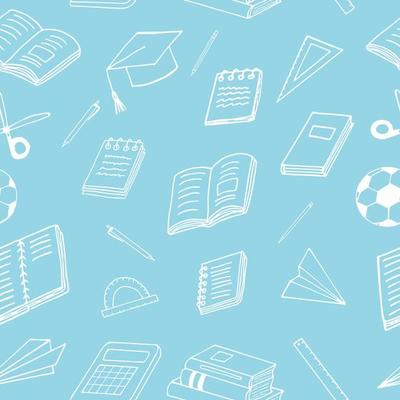 back to school seamless pattern. hand drawn doodle. , scandinavian, nordic, minimalism, monochrome. stationery, book, notepad, notebook, ball, paper airplane ruler scissors graduate cap education