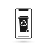 Mobile phone flat design icon with Trash can on wheels with recycling symbol sign. vector