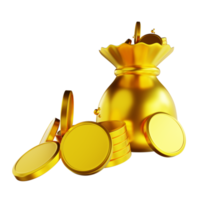 pilha de moedas comuns douradas de ilustração 3d e saco de moedas png