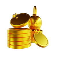 ilustração 3d cofrinho dourado e pilha de moedas comuns png