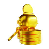 3D illustration golden piggy bank and common coin pile png