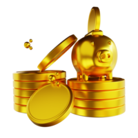 ilustração 3d cofrinho dourado e pilha de moedas comuns png