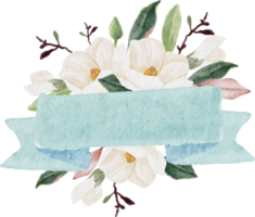 magnolia bianca dell'acquerello con lo spazio della copia del testo dell'etichetta del nastro blu per il logo o lo sfondo del banner png