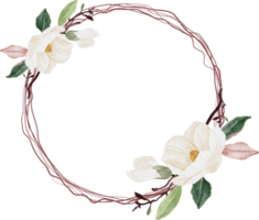 watercolor white magnolia flower and leaf bouquet clipart wreath frame png