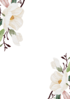 fleur de magnolia blanc dessiné à la main aquarelle et bouquet de branche de feuille verte collection de modèles de carte d'invitation de mariage png