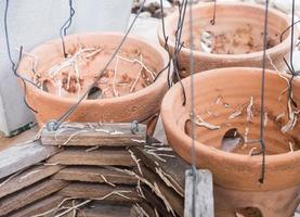 Old earthenware pot with the metal wire. photo