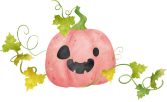 cute watercolor Halloween autumn pumpkins with face and vines cartoon hand drawn png