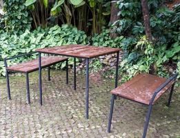 Juego de mesa y silla con estructura de metal en el jardín. foto