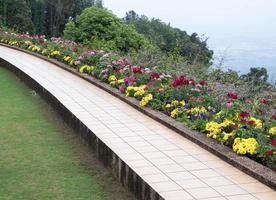 White tile bench terrace with the flower row. photo