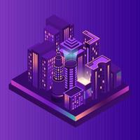 Futuristic smart night city. Residential urban buildings and high-rises in an isometric flat design. Vector illustration of a smart city using digital communication technologies. Vector