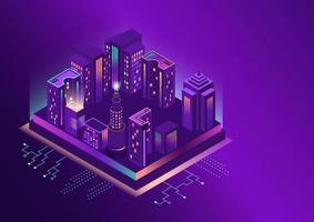 Futuristic smart night city. Residential urban buildings and high-rises in an isometric flat design. Vector illustration of a smart city using digital communication technologies. Vector