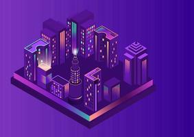 Futuristic smart night city. Residential urban buildings and high-rises in an isometric flat design. Vector illustration of a smart city using digital communication technologies. Vector