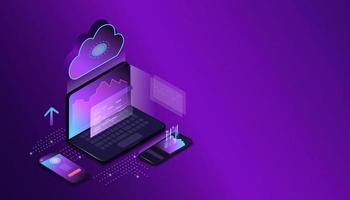 web page on a laptop screen, a mobile phone is lying, a cloud, a cloud service or an application. Modern technological background. Isometry. Conceptual banner of web technologies. vector