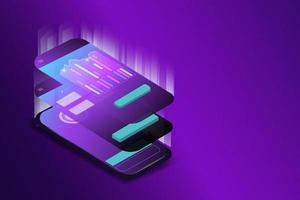 Isometric illustration of a mobile technological interface. Gradient purple background. Vector illustration.