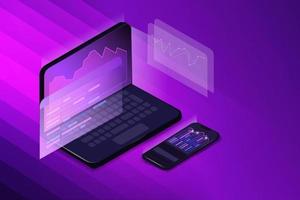 the web pages are on the laptop screen, and the mobile phone is lying. Modern technological background. Isometry. Conceptual banner of web technologies vector