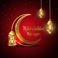 ramadan kareem diseño islámico luna creciente y linterna con patrón árabe y caligrafía vector