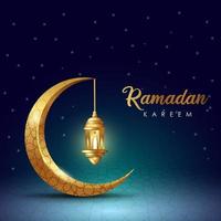 ramadan kareem diseño islámico luna creciente y linterna con patrón árabe y caligrafía vector