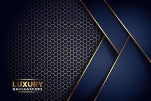 luxurious dark navy gold line overlap background with hexagon mesh vector