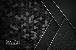 fondo abstracto oscuro con círculo y capas superpuestas negras. lista de plata y elemento de puntos de brillos de plata sobre fondo texturizado hexagonal. eps10 vector