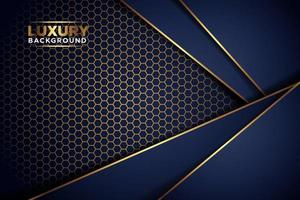 luxurious dark navy gold line overlap background with hexagon mesh vector