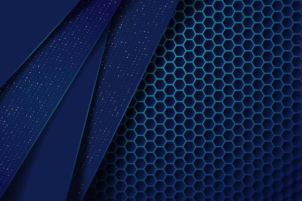 Dark abstract blue background with circle and black overlap layers. Silver list and silver glitters dots element on hexagon textured background EPS10 vector