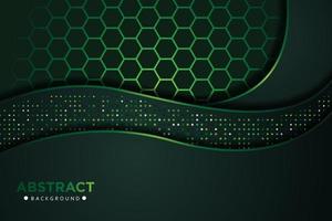 Abstract wavy overlap dark green  with glitters dots and hexagon background vector