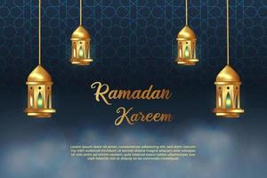 Ramadan Kareem islamic design crescent moon and lantern with arabic pattern and calligraphy vector