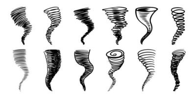 conjunto de doodle tornado aislado sobre fondo blanco. huracán. conjunto de elementos de diseño dibujados a mano. ilustración vectorial vector