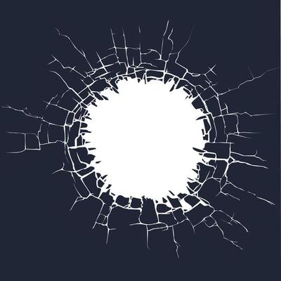 Round hole with many cracks. A frame with an internal round hole and many cracks diverge on the sides.