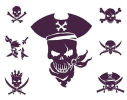 colección burdeos de 7 cráneos vectoriales que puede usar estos cráneos piratas para imprimir en camisetas, ropa, banderas piratas, tazas, almohadas, tablas de snowboard y otros artículos y cosas. vector