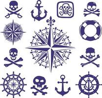 Set of sea and pirate symbols. Wind rose, Skulls, steering wheel, anchor, lifebuoy vector