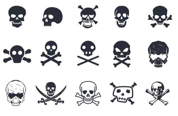 Skeletons. Large set of skulls, bones and pirate symbols. 15 skull and bone silhouettes in one set.