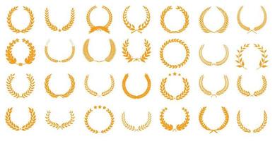 A large set of golden laurel wreaths of the winner. Award logo design. First place symbol. Celebration of decorative traditional stained glass greetings. Laurel wreath award. vector