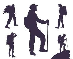Set of silhouettes of travelers and tourists. Travelers go on an adventure vector