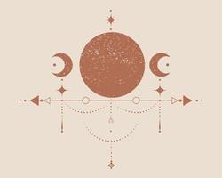 Triple Moon, Sacred Geometry, mystical arrows, crescent moon, dotted lines in boho style, wiccan icon, alchemy esoteric mystical magic sign. Spiritual occultism vector isolated vintage background