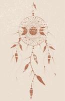 Ancient Dreamcatcher mandala ornament Moon Phases and bird feathers. Mystic symbol, Ethnic art with native American Indian boho design, vector isolated on vintage background