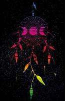 Atrapasueños psicodélico mandala ornamento fases lunares y plumas de pájaro. antiguo símbolo místico, arte étnico colorido con diseño boho indio nativo americano, vector aislado en fondo negro