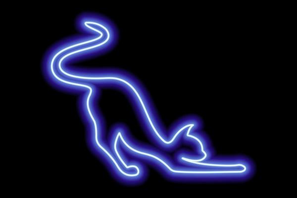 Blue neon cat silhouette. Satisfied cat stretches and waves its tail