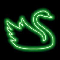 Green neon swan contour on a black background. Floating Bird vector