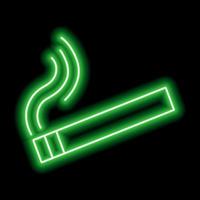 Green neon cigarette with smoke on a black background. Vector icon illustration