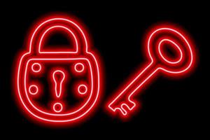 Neon red outline of padlock and key on a black background. The concept of privacy, security, preservation vector