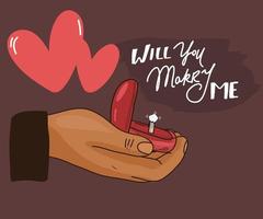 Will you marry me. Marriage proposal vector illustration with wedding ring and male hand. hearts. Vector illustration