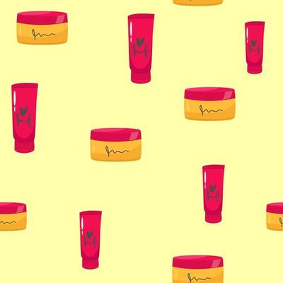 Flat seamless pattern cartoon of cream tubes with hand cream, , cosmetic bottles, cosmetic dispensers and jars